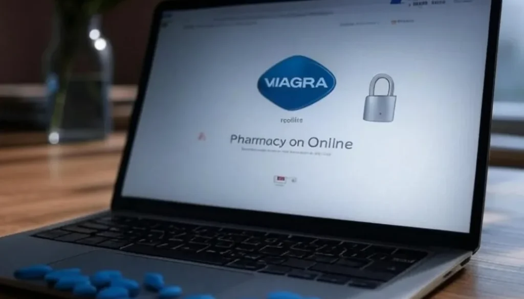 Laptop on wooden desk displaying online pharmacy website with Viagra pill