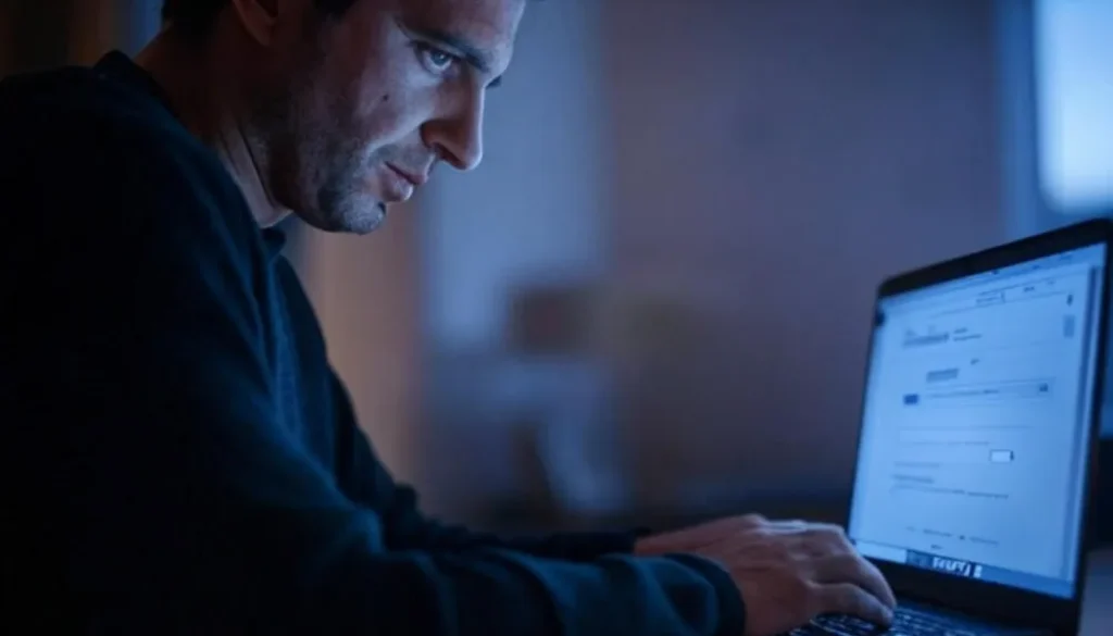Man Searching Online Pharmacy on Laptop for Viagra