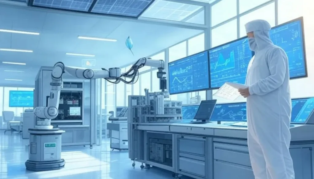 Modern pharmaceutical manufacturing facility with solar panels, high-tech control room displaying real-time data, robotic arm assembling products, worker in cleanroom suit holding a checklist