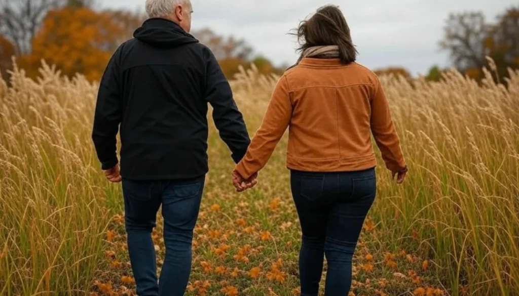 Older bald man and wife walking hand in hand