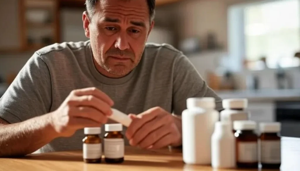 Man choosing medicine from alternatives on kitchen table
