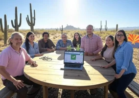 Diverse group of Arizonans at a community meeting around a wooden table in a sunlit desert landscape with saguaro cacti