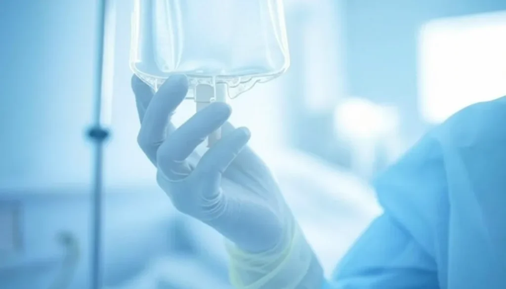 Gloved hand holding an IV bag of Acetaminophen Injection