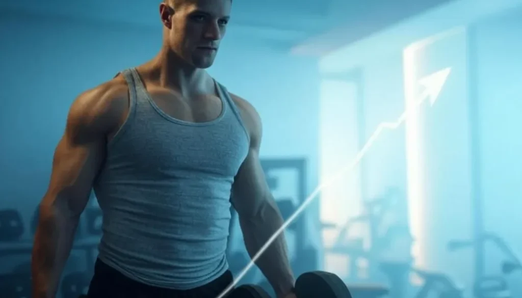 Man lifting weights in gym with testosterone decline graph