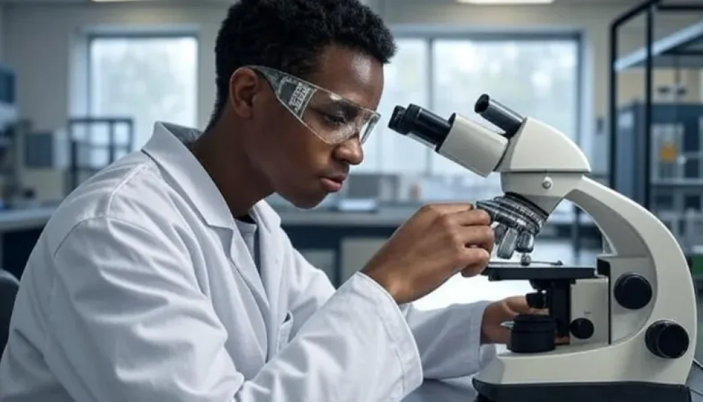 Biotechnology student working in laboratory with equipment