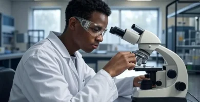Biotechnology student working in laboratory with equipment